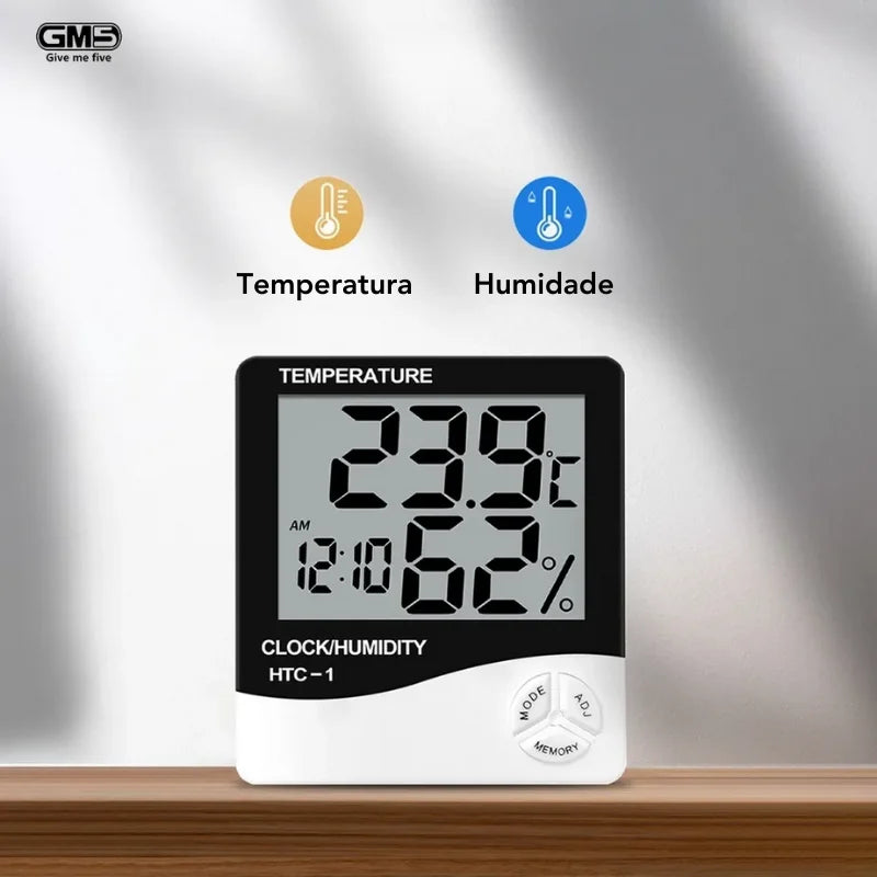 Termômetro e Higrômetro Digital LCD – Medidor de Temperatura e Umidade Interno e Externo com Relógio